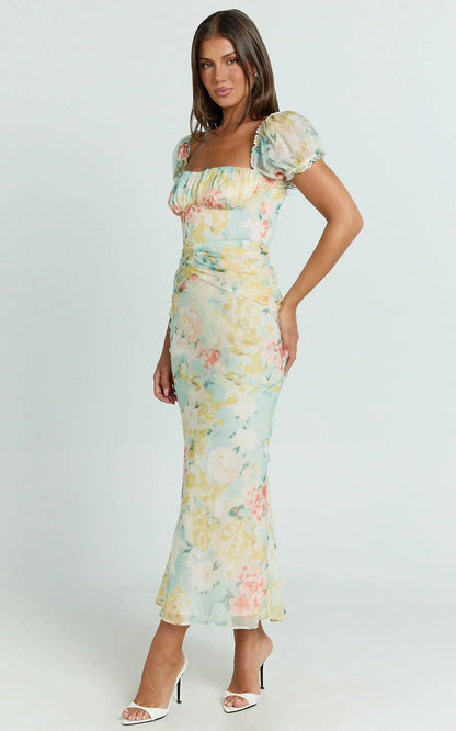 Debina Maxi Dress - Sweetheart Neckline Short Sleeve Dress in Yellow