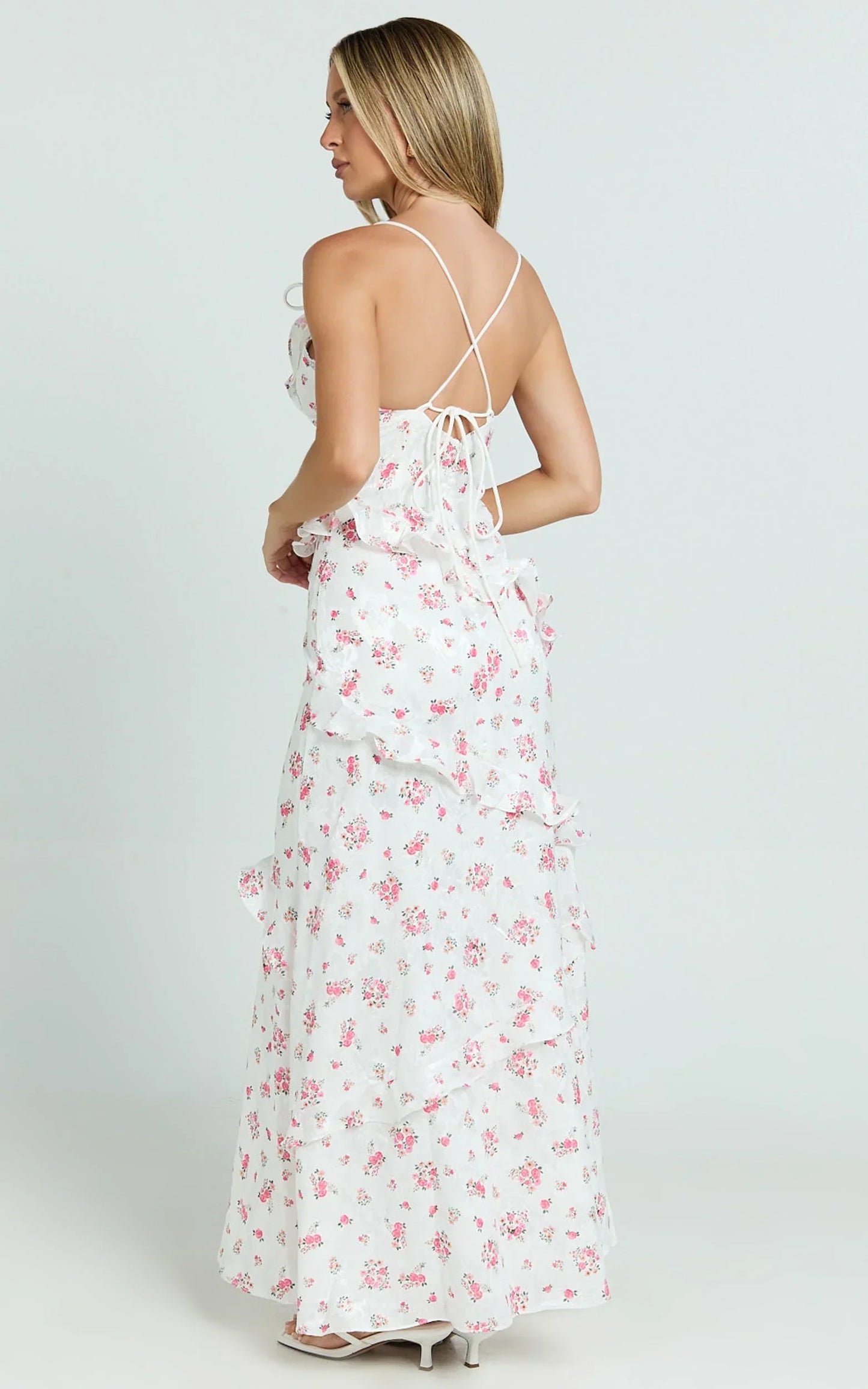 Justine Maxi Dress - Jacquard V Neck Ruffle Tiered Dress in Romantic Ditsy Print