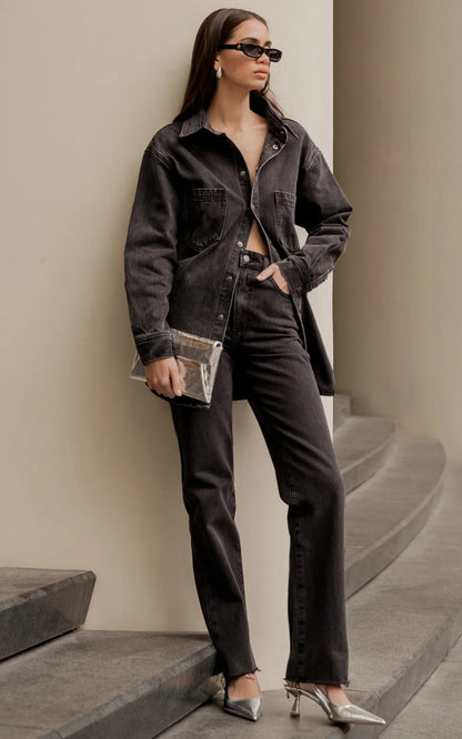 Dexter Jeans - High Waisted Straight Leg Denim Jeans in Washed Black