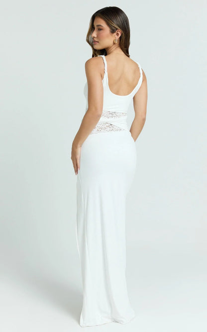Alberta Maxi Dress - Spliced Sheer Lace Column Dress in White