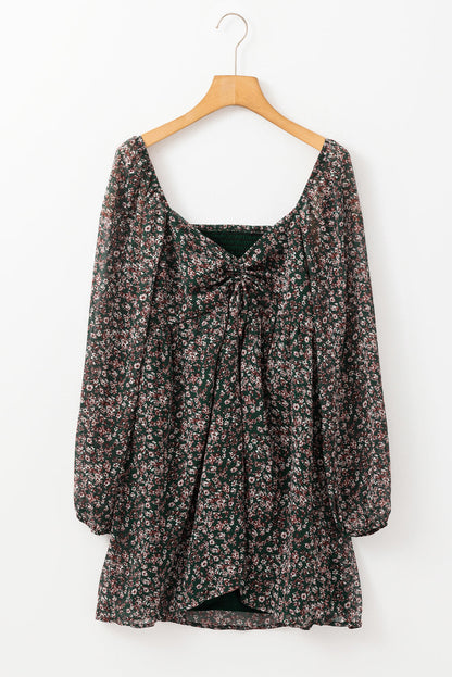 Blue Floral Print Sweetheart Neck Shirred Back Mini Dress