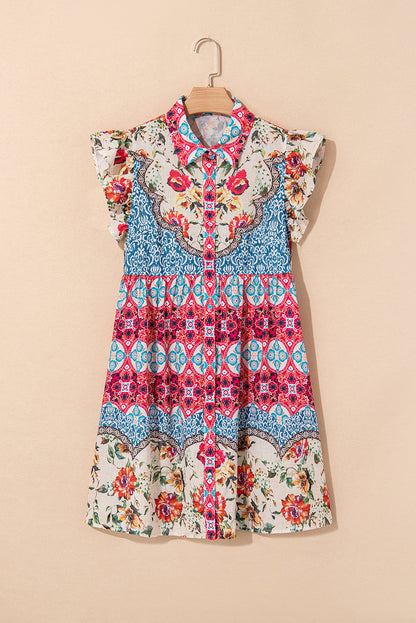 Rose Floral Mixed Pattern Ruffle Flutter Sleeve Buttoned Dress