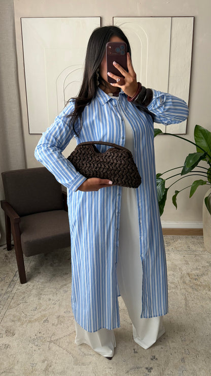 Chemise Longue A Rayures Doublee 100 Coton I Bleu Ciel