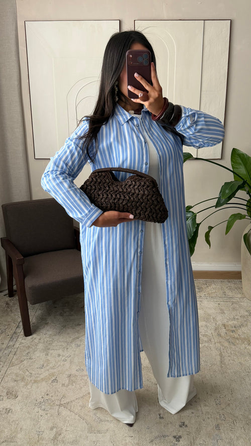Chemise Longue A Rayures Doublee 100 Coton I Bleu Ciel