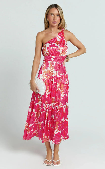 Georgine Midi Dress - One Shoulder Ruched Tiered Dress in Peony Blossom