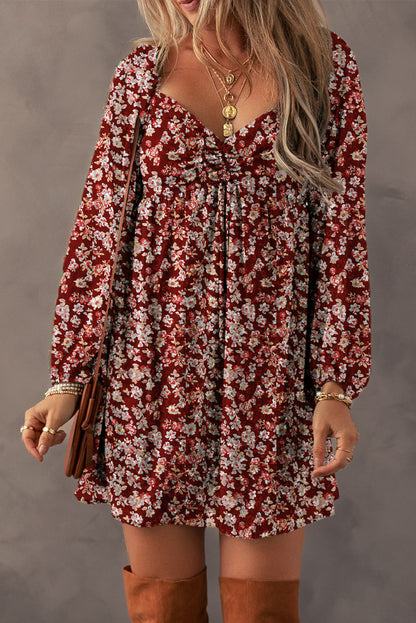 Blue Floral Print Sweetheart Neck Shirred Back Mini Dress