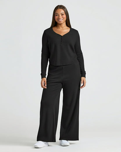 Womens Black Waffle Long Sleeve Boxy Henley