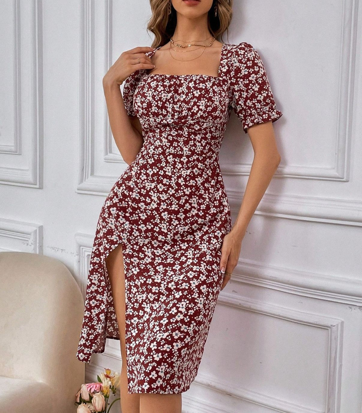 French Style Square Neck Floral Dress | Puff Sleeve A-Line