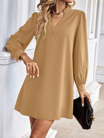 Solid Color And V-neck Loose Long Sleeve Shirt Dress