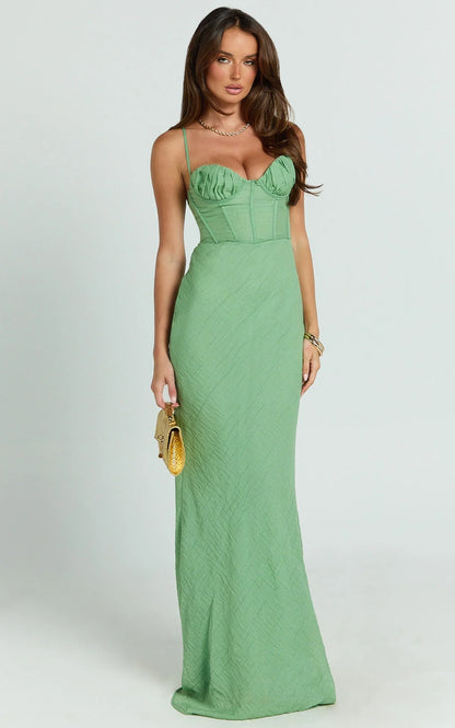 Jameela Maxi Dress - Strappy Sweetheart Neck Gathered Tie Back Dress in Green