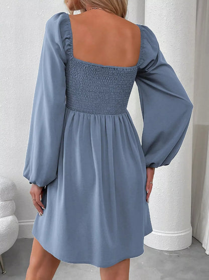 Ruched Square Neck Long Sleeve A-Line Dress