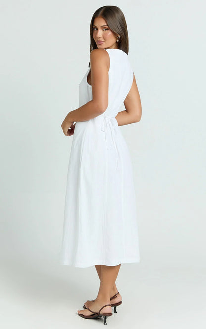 Juliet Midi Dress - Button Through V Neck Dress in White