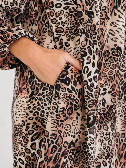 Leopard Ruffled Detail Long Sleeve Loose Mini Dress