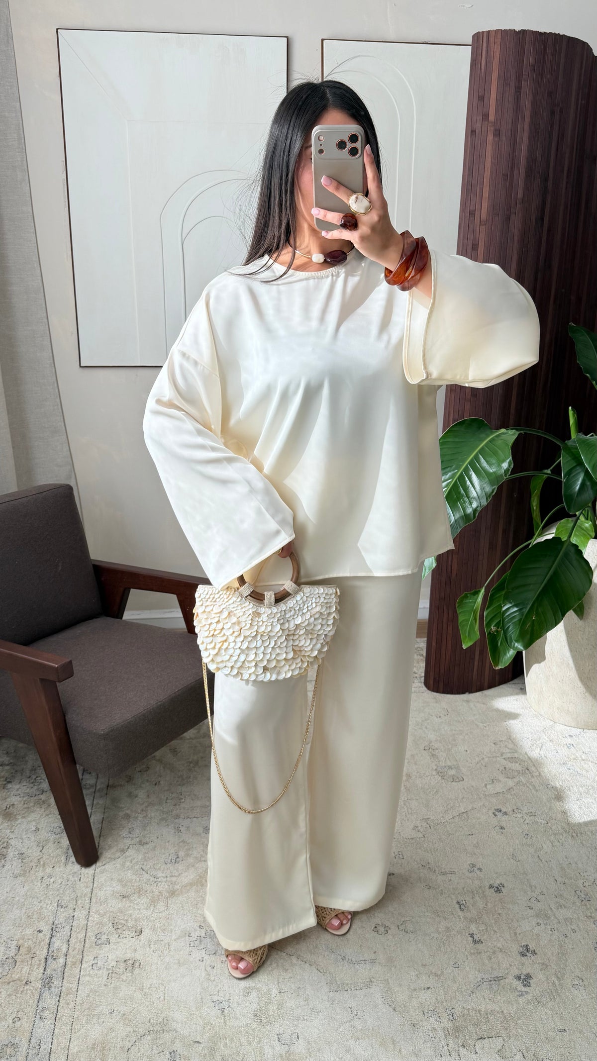 Pantalon satiné YASMINAH I Écru