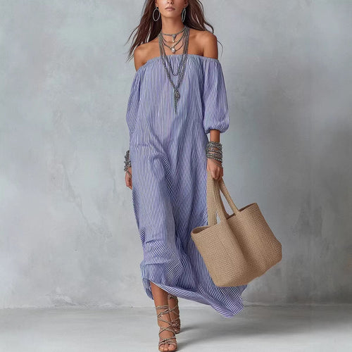 Women's Striped Loose-Fit Flared Maxi Dress – Holiday & Vacation
