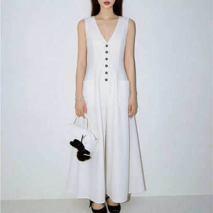 Women's V-Neck Sleeveless Button-Up Pencil Dress