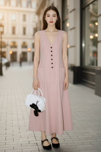 Women's V-Neck Sleeveless Button-Up Pencil Dress