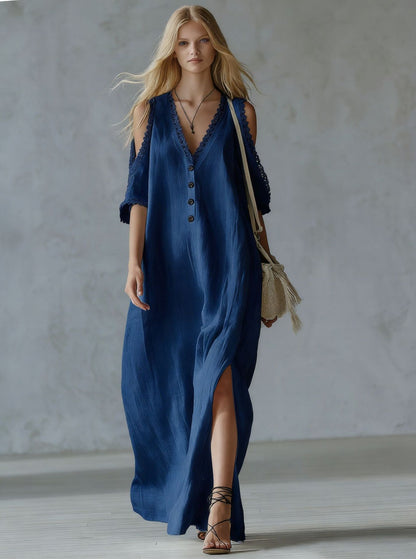 Women's Lace-Trim Loose A-Line Dress – Three-Quarter Sleeve Maxi