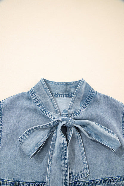 Real Teal Bowknot Neck Ruffled Sleeveless Chambray Dress