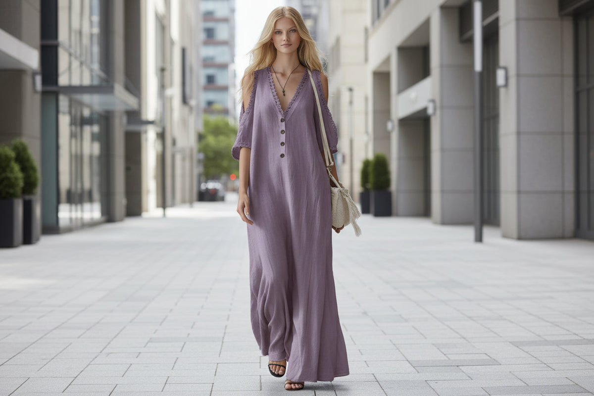Women's Lace-Trim Loose A-Line Dress – Three-Quarter Sleeve Maxi