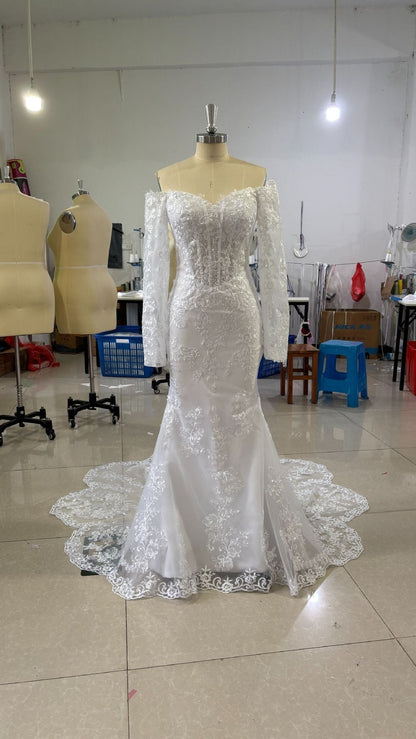 Off-shoulder Lace Long Sleeve Fishtail Gown