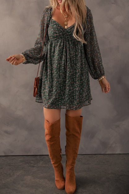 Blue Floral Print Sweetheart Neck Shirred Back Mini Dress