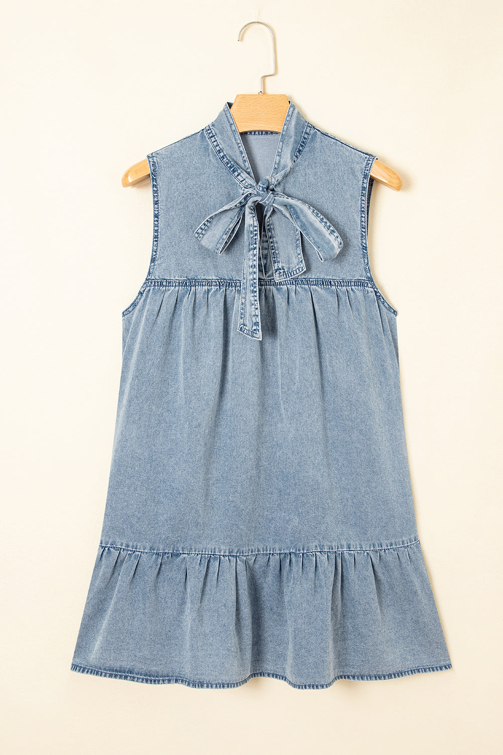 Real Teal Bowknot Neck Ruffled Sleeveless Chambray Dress