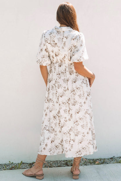 Khaki Floral Puff Sleeve V Neck Buttoned Front Maxi Dress
