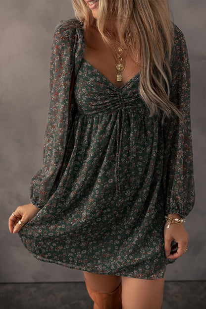 Blue Floral Print Sweetheart Neck Shirred Back Mini Dress