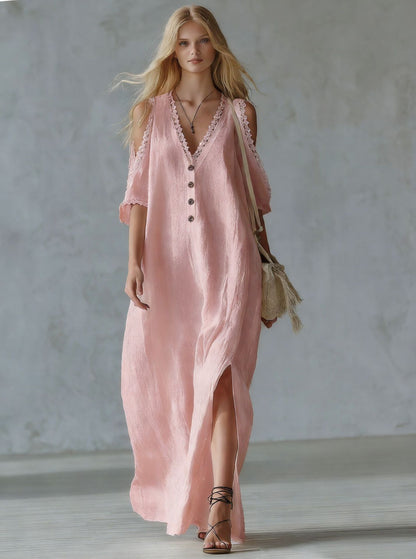 Women's Lace-Trim Loose A-Line Dress – Three-Quarter Sleeve Maxi