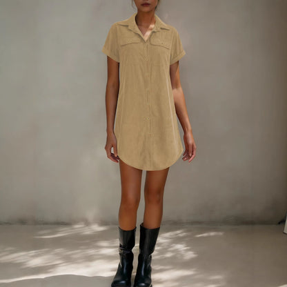 Women’s Retro Casual Corduroy Short Sleeve Shirt Dress