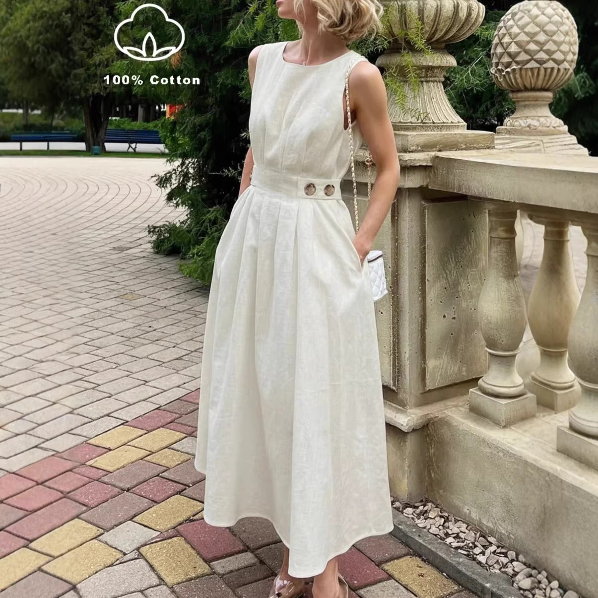 Women's French Minimalist Sleeveless Crew-Neck Midi Dress – White S–XXL