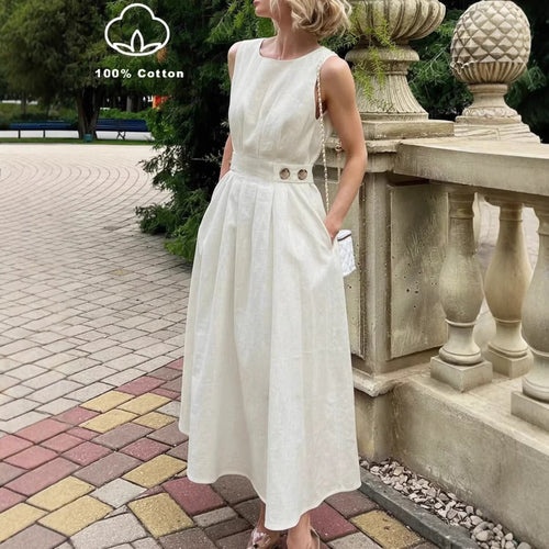 Women's French Minimalist Sleeveless Crew-Neck Midi Dress – White S–XXL