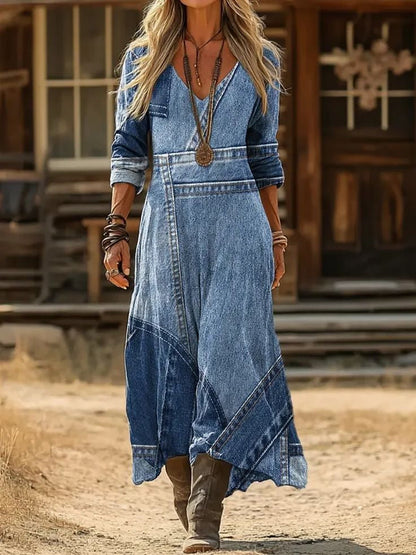 Women's Retro Chic 3D Print V-Neck Long-Sleeve A-Line Dress