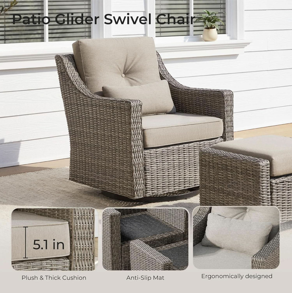 2 Piece Patio Wicker Chairs Set With 360 Degree Rocking Swivel Outdoor Rattan Thick Cushions For Backyard