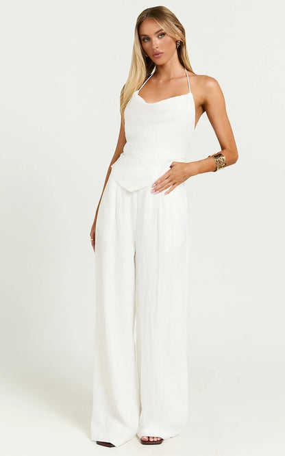 Hilda Pants - High Waisted Linen Look Palazzo Pants in White