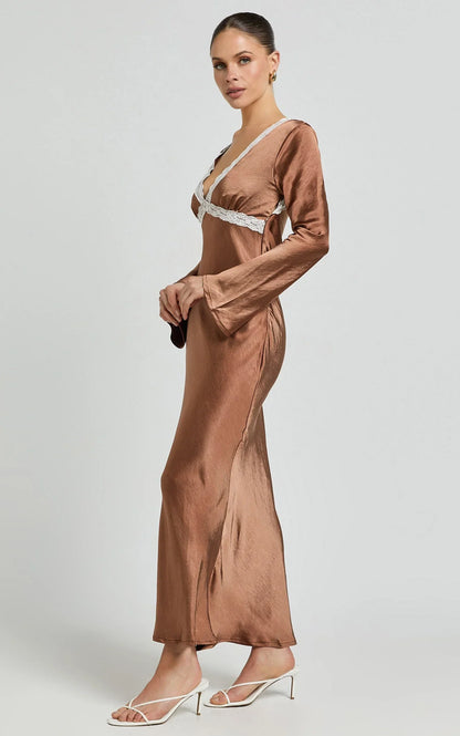 Carmela Midi Dress - Long Sleeve V Neck Lace Detail Dress in Chocolate
