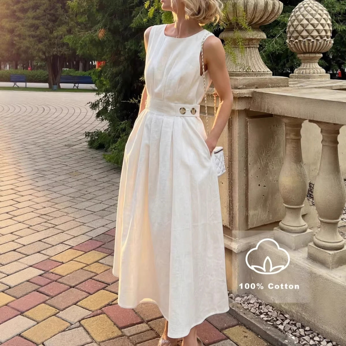 Women's French Minimalist Sleeveless Crew-Neck Midi Dress – White S–XXL