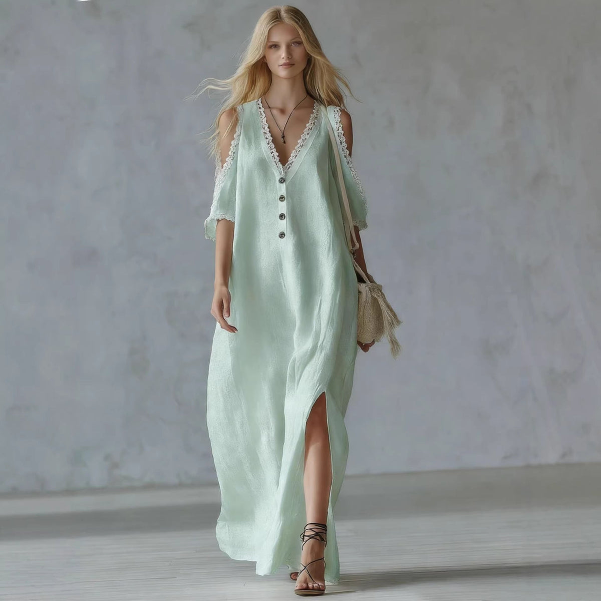 Women's Lace-Trim Loose A-Line Dress – Three-Quarter Sleeve Maxi