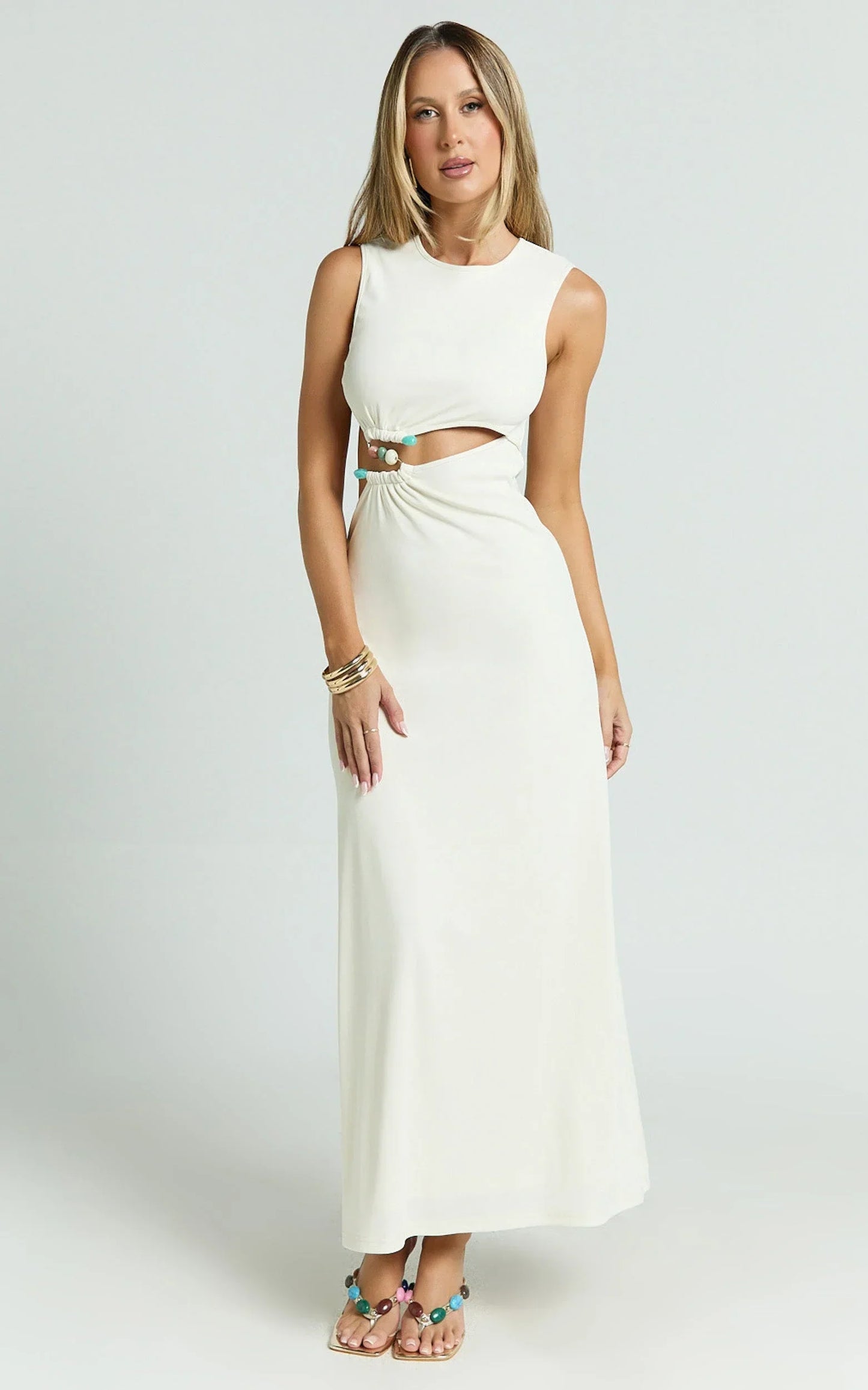 Amy Maxi Dress - High Neck Cut Dress with Hardware Detail in Cream