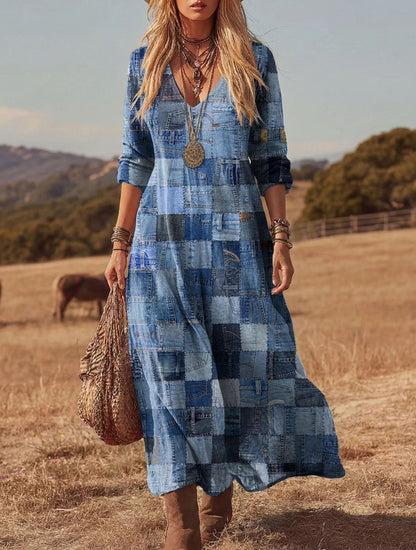 Women's Retro Chic 3D Print V-Neck Long-Sleeve A-Line Dress
