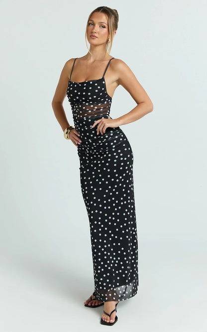 Gia Maxi Dress - Straight Neck Fitted Dress in Black White Spot