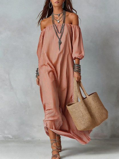 Women's Striped Loose-Fit Flared Maxi Dress – Holiday & Vacation