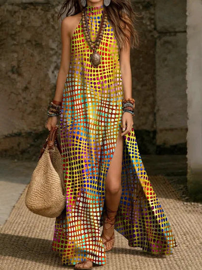 Women's Printed Halterneck Split Maxi Dress – Loose Fit Sleeveless