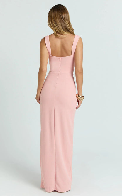 Donna Maxi Dress - Cowl Neck Column High Split Dress in Pale Pink