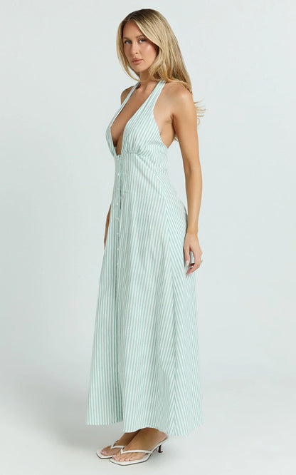 Jeienn Midi Dress - Line Placket Front Skirt Dress in Mint Stripe