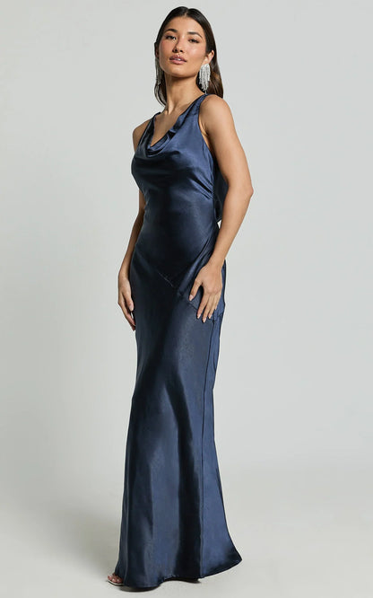 Adilah Maxi Dress - Cowl Neck Satin Dress in Navy
