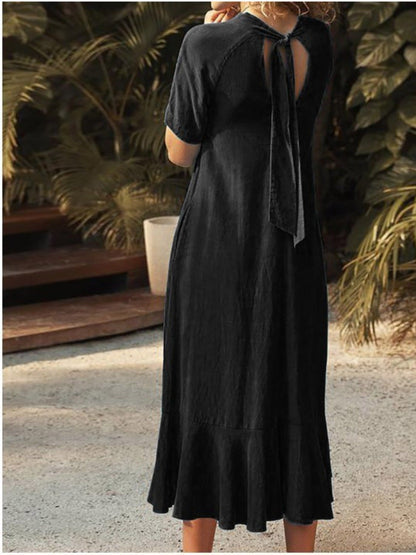 V-Neck Short Sleeve Dress with Pockets