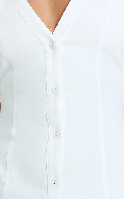 Juliet Midi Dress - Button Through V Neck Dress in White