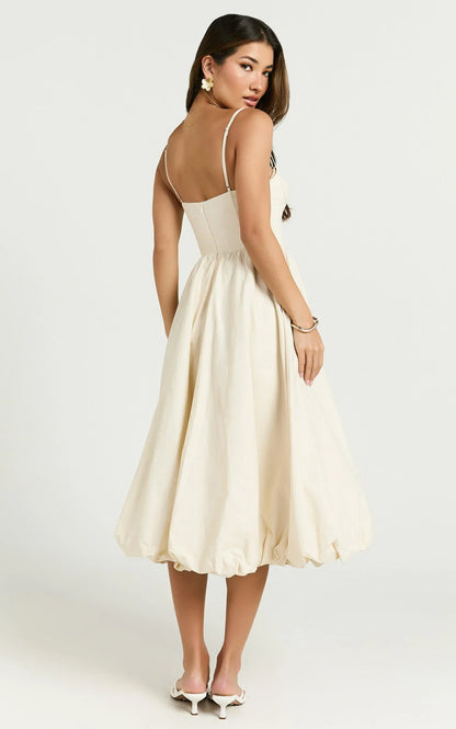 Kara Midi Dress - Strapped Bustier Bubble Hem Dress in Cream